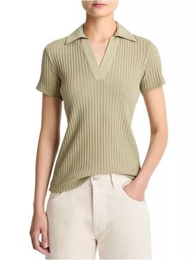 VINCE Ribbed Knit Polo Short Sleeve Top‎ in Sage